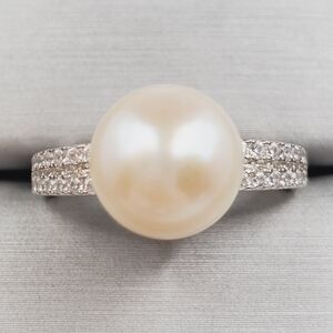 Akoya Cream Pearl & Simulated Pave Diamond Platinum | 925 Sterling Silver Ring
